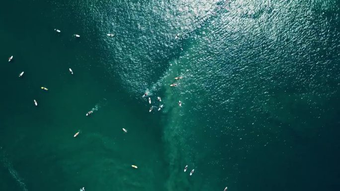 鸟瞰图捕捉冲浪者在受欢迎的海洋阵容等待波浪。动感十足的冲浪点展示了个人划桨，准备骑马。无人机镜头显示
