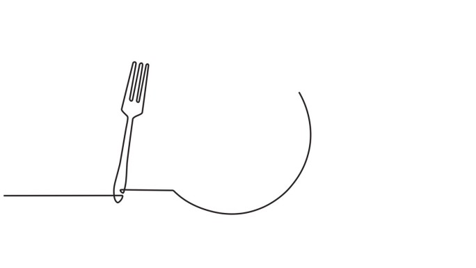 连续的一行动画。一套餐具的手绘动画图形元素。盘子，勺子，叉子，刀的概念。视频4 k