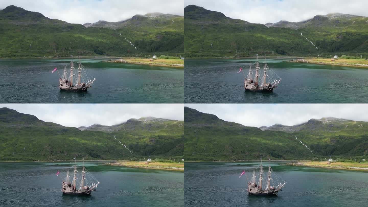 海盗船和戏剧性的自然景观在罗弗敦群岛，挪威-空中4k盘旋