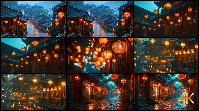 古镇傍晚的雨景 安静祥和 中国风古代氛围