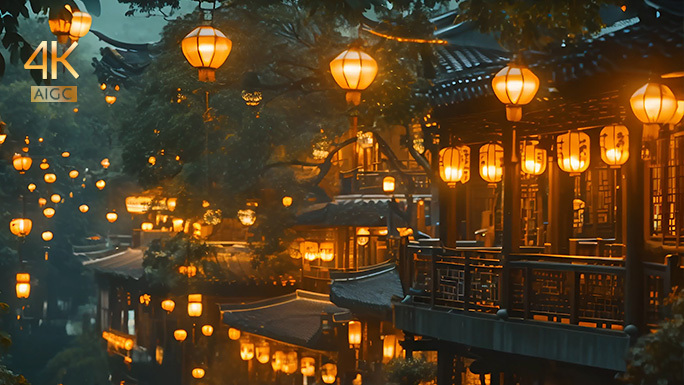 古镇傍晚的雨景 安静祥和 中国风古代氛围