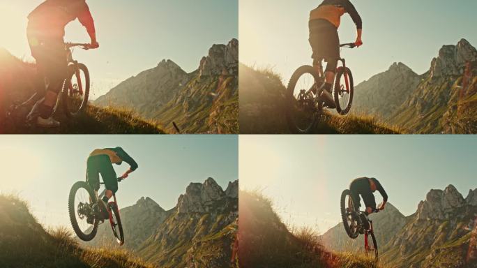 超级慢速MO时间扭曲效果/速度坡道男性骑自行车跳跃在草地山对田园诗般的落基山脉在阳光明媚的一天