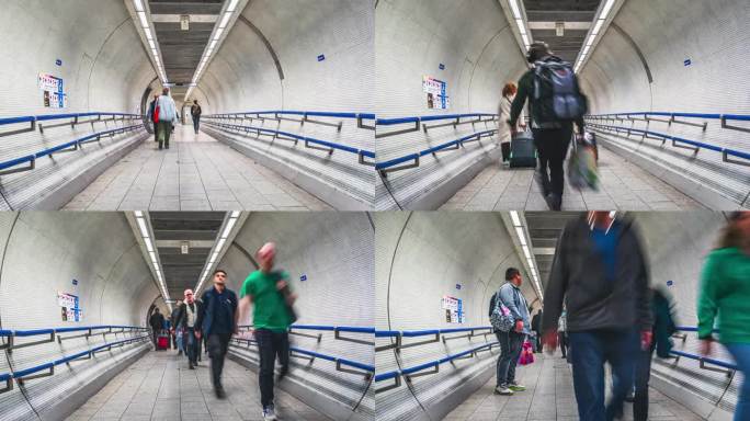 伦敦地下换乘站之间隧道人行道上拥挤通勤人群的时间变化
