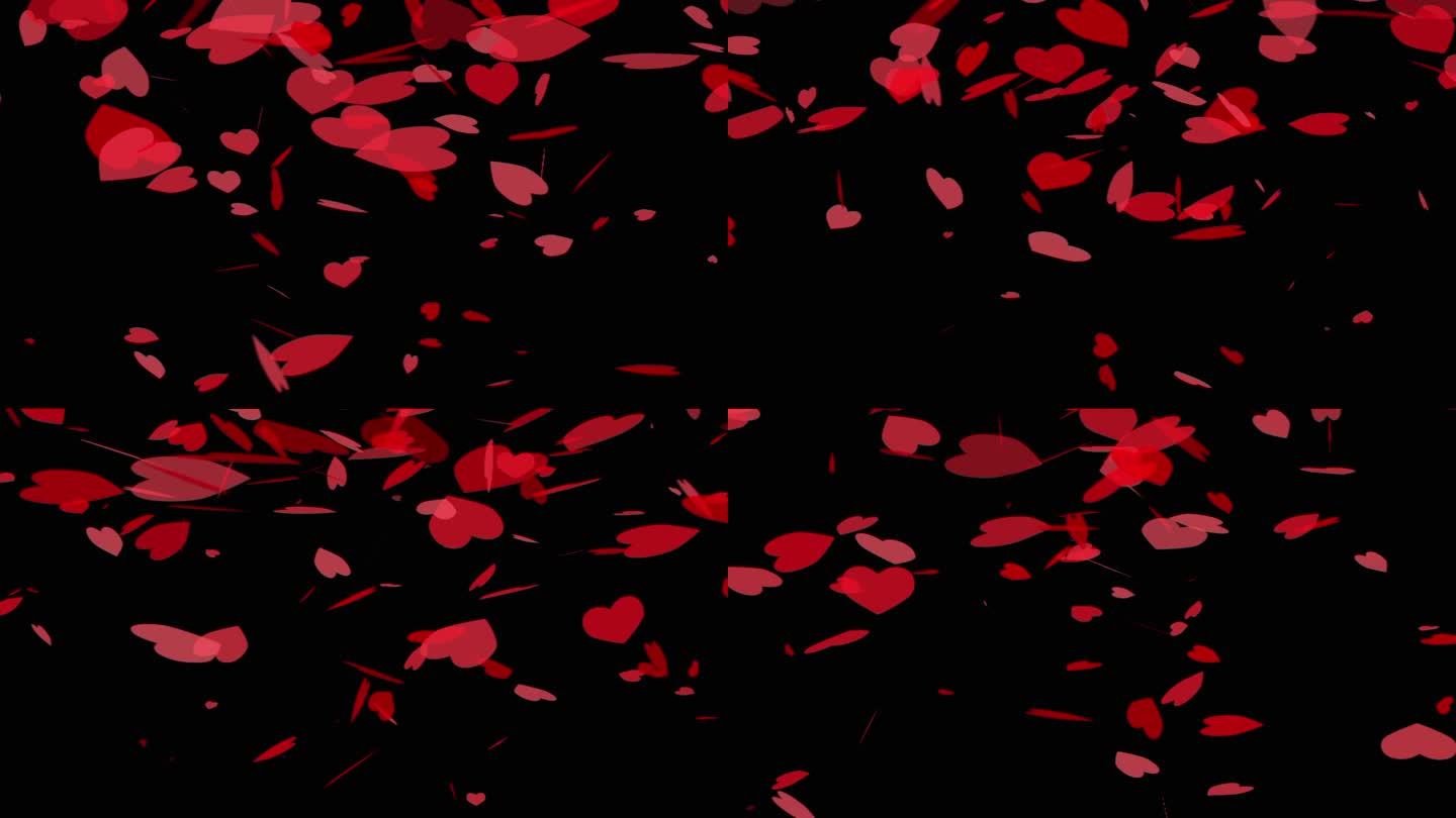 黑色背景下跳动的红心…3d红心纸屑落下。浪漫的周年纪念日
