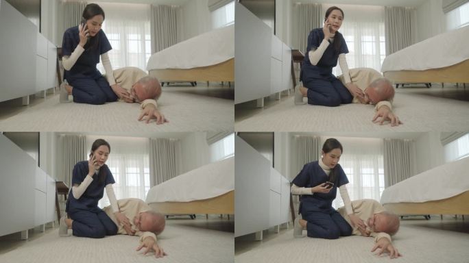 一位亚洲护理人员正在养老院帮助一位患有急性心力衰竭的老人