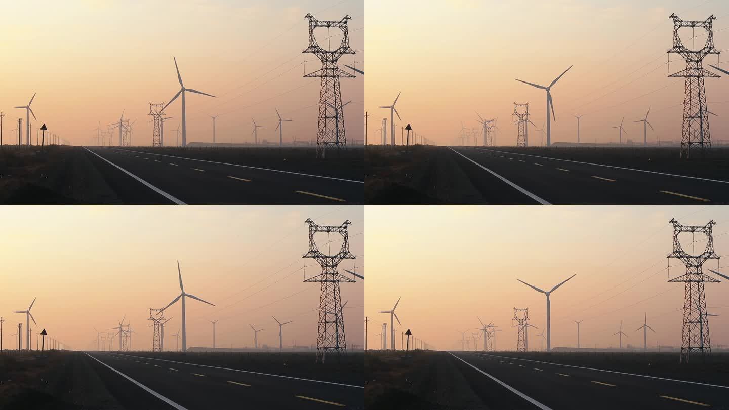 黄昏日落中的新疆达坂城风力发电场