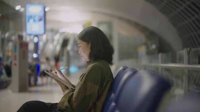 一名亚洲女子坐在机场登机口附近的候机区摆弄平板电脑。