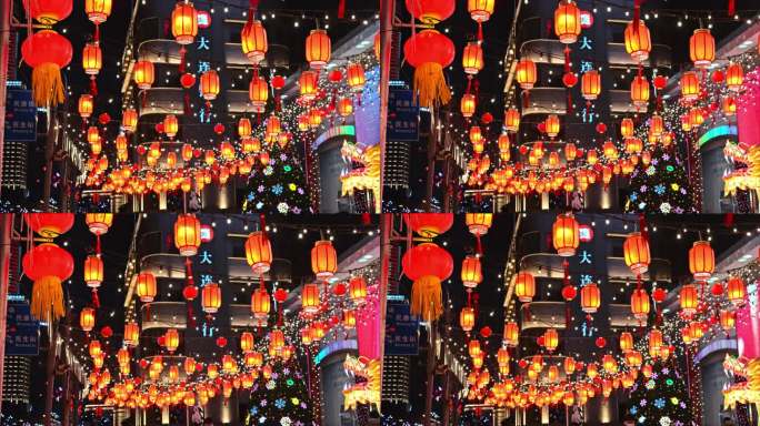 实拍4K 城市春节街景装饰彩灯灯笼