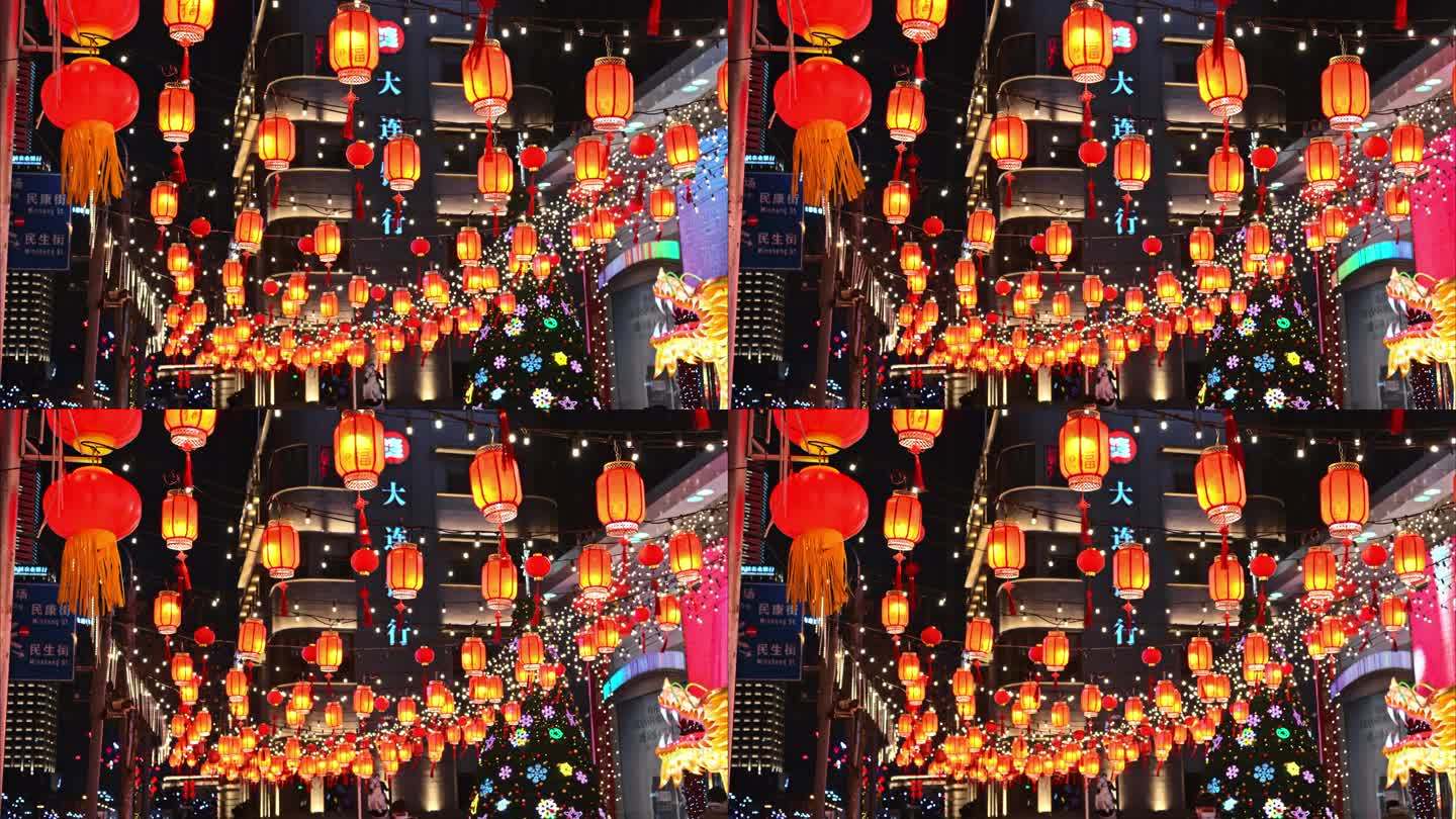 实拍4K 城市春节街景装饰彩灯灯笼