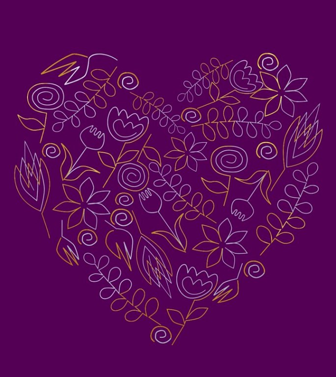 情人节贺卡。由生气勃勃的花朵组成的心。金色盛开的花朵在紫色的背景上。涂鸦。情人节点子。横幅。