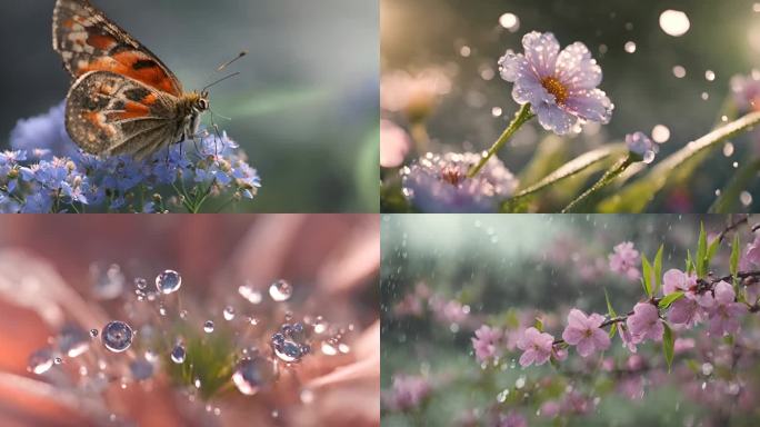 花草水珠 春天蝴蝶 节气 春雨 春季