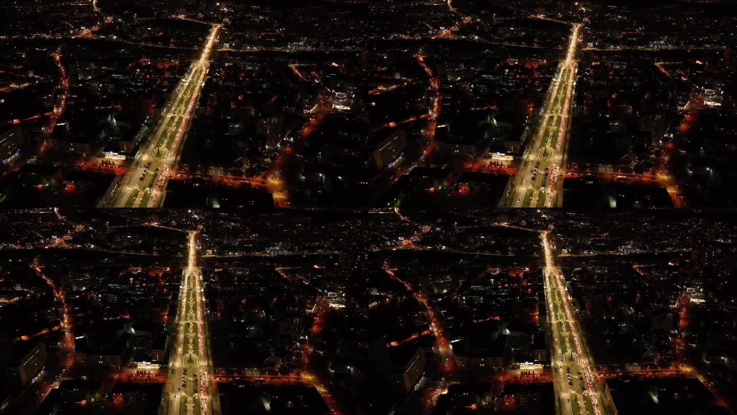 基希讷乌市中心夜间的无人机视图。摩尔多瓦