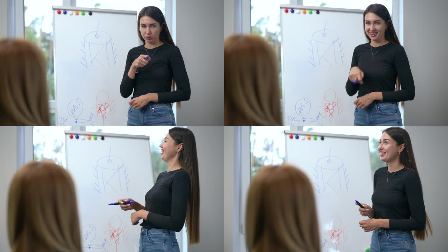 一位美女站在一块白色磁性展示板旁讲课，展示板上的图画以窗户为背景。