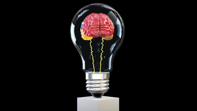彩色3d大脑在灯泡内旋转，伟大的思想概念，循环，Alpha通道