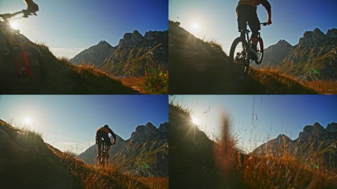 在阳光明媚的日子里，坚定的男性骑手跳过草山，面对田园诗般的落基山脉和蓝天