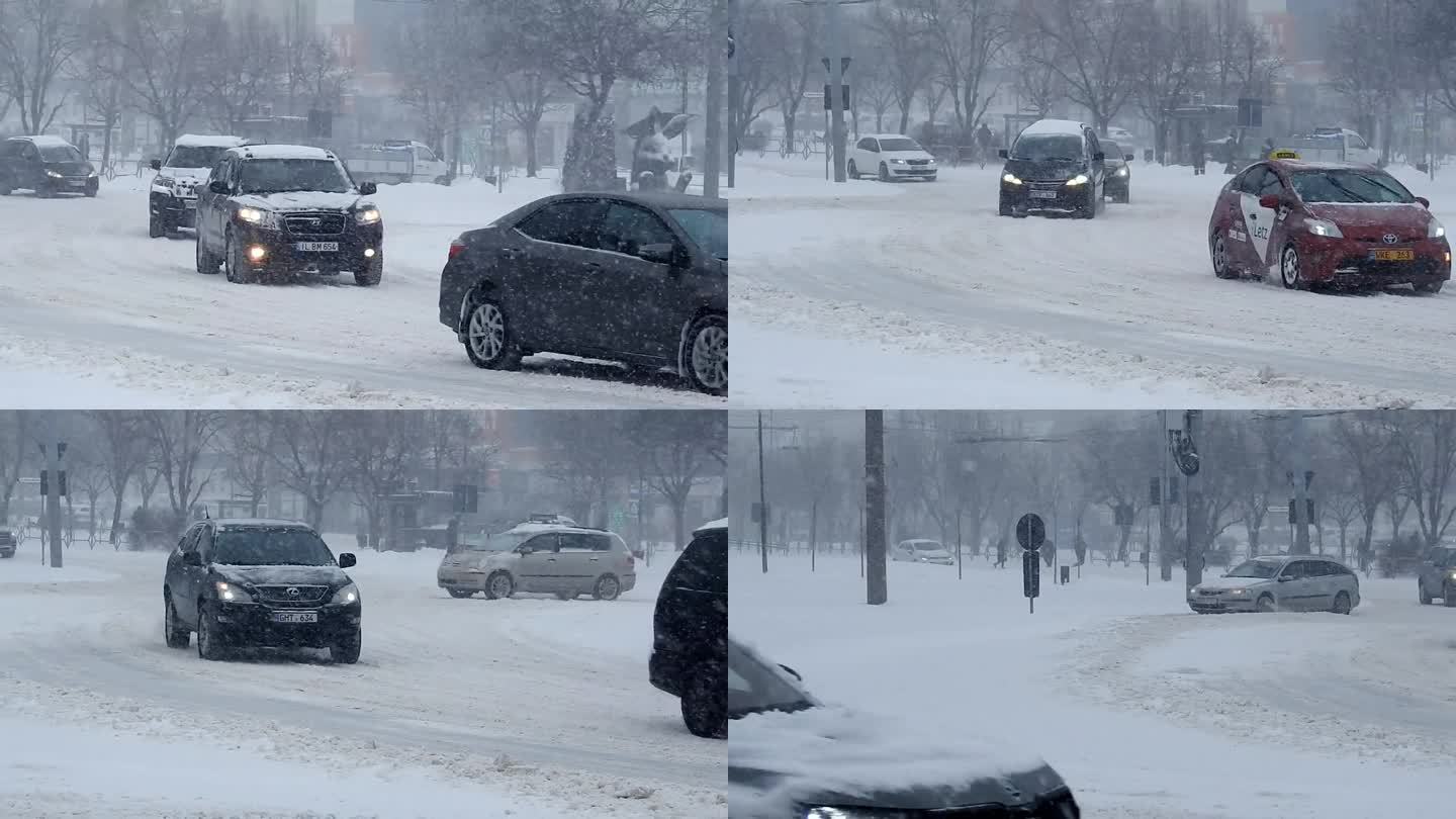暴风雪中城市街道上车辆和行人的交通状况