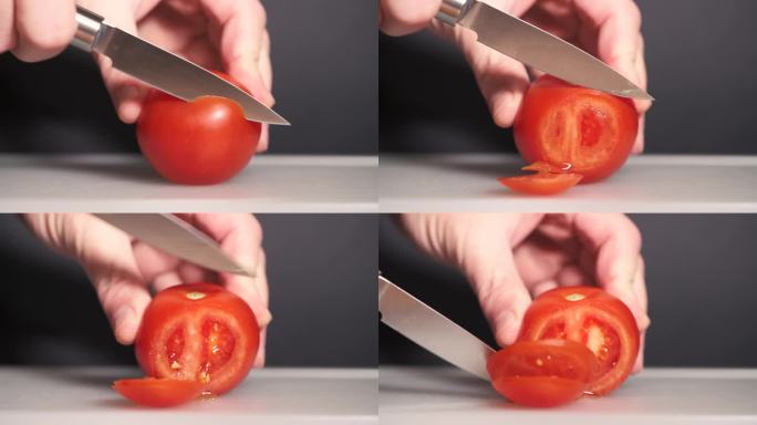 在黑色背景下，白色砧板上切番茄的4K画面