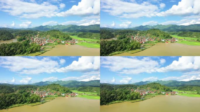 在一个阳光明媚的夏日，亚洲，越南，东京，奠边府，一个位于湖边的传统村庄，周围是被淹没的稻田。