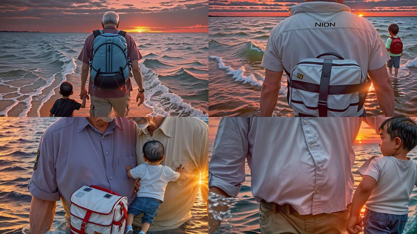 父子在海边看日落