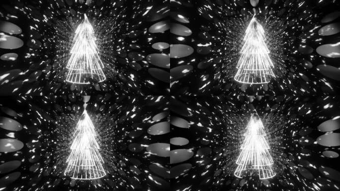 在未来科技抽象背景上旋转的圣诞树。黑白复古风格。圣诞和新年无缝循环动画。2024年圣诞贺卡