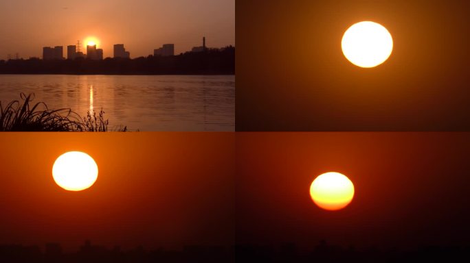 河边日出太阳照在水面上太阳特写夕阳西下