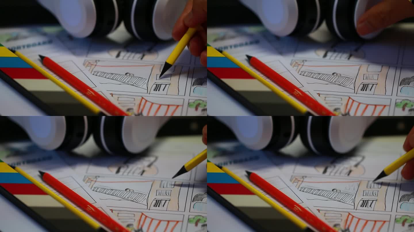 电影电影分镜的创意绘制，展示脚本制作中的视频前期制作过程。在工作室用纸杯咖啡和石板设计拍摄场景布局。