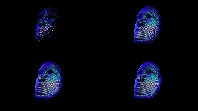 由发光的霓虹灯像素组成的人工智能3D人脸从太空中出现。机器学习、人工智能和数字孪生技术的抽象概念。