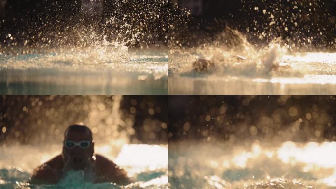 SLO - MO专注于男子游泳运动员在度假泳池掌握自由泳