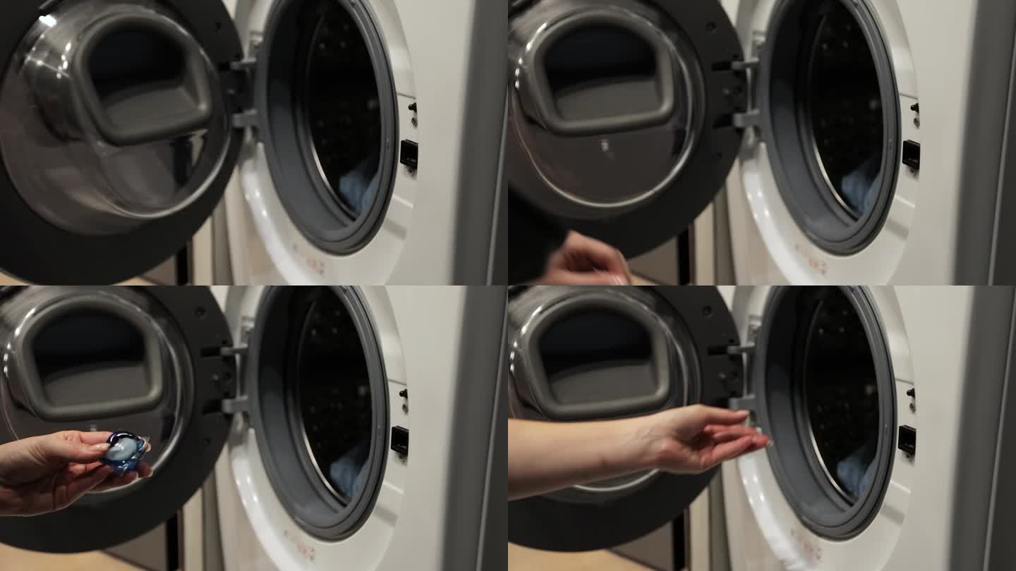 一个女人把五颜六色的凝胶胶囊和洗衣粉放进洗衣机里洗脏衣服。现代液体洗涤剂。