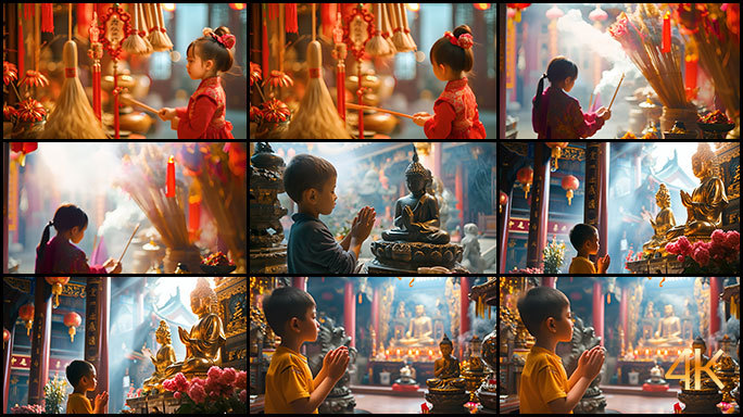 新年寺庙祈福 烧香拜佛 寺院佛庙的场景