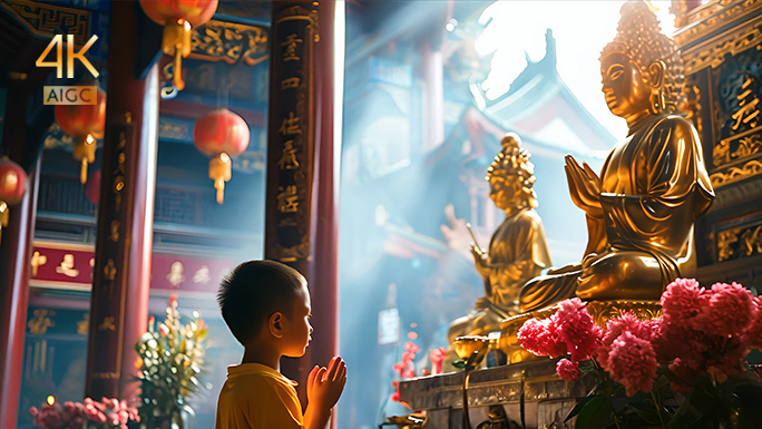 新年寺庙祈福 烧香拜佛 寺院佛庙的场景