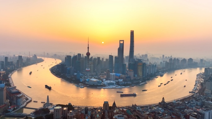 上海人文地标上海日出标志夜景外滩航拍上海