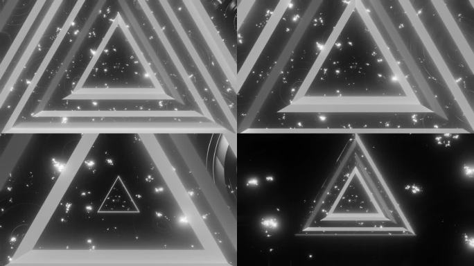 循环3d动画，VFX黑白隧道与多边形帧，科幻。抽象循环背景。技术，VJ概念。Led灯。复古的未来隧道