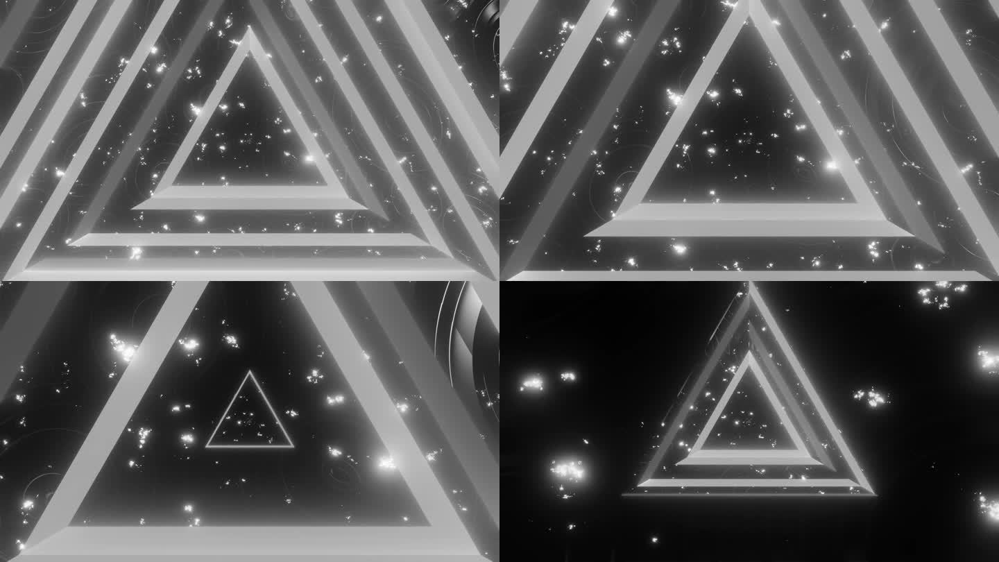 循环3d动画，VFX黑白隧道与多边形帧，科幻。抽象循环背景。技术，VJ概念。Led灯。复古的未来隧道