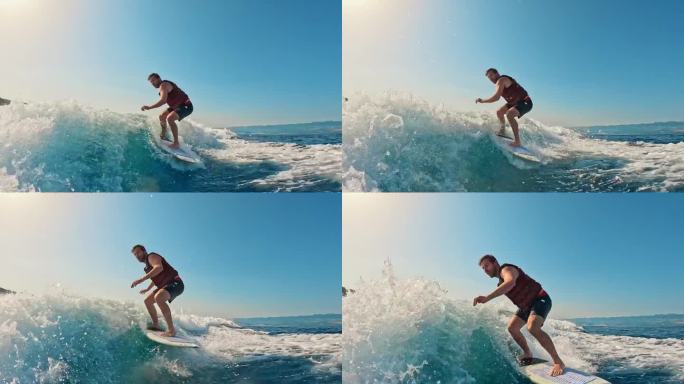 冲浪男子蓬勃发展与滑水板，享受海洋运动在阳光明媚的天空