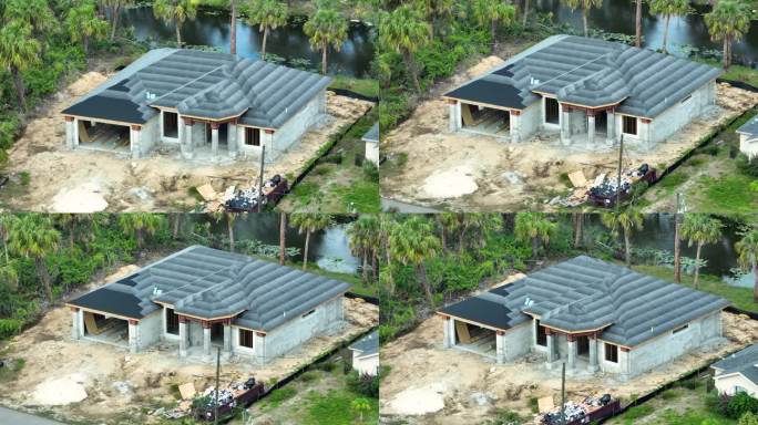 屋顶施工。房屋屋顶覆盖沥青衬垫毡层，准备安装瓦板。佛罗里达房地产开发