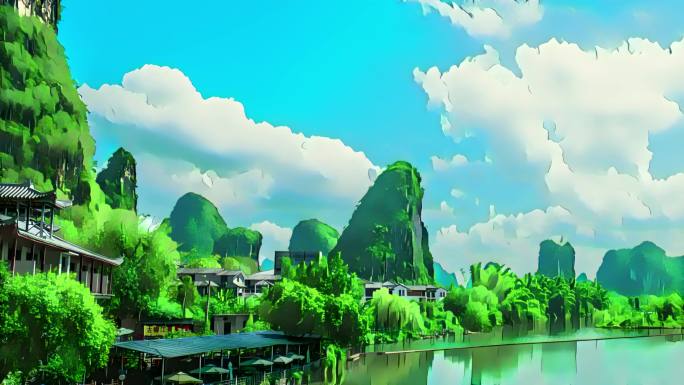 广西桂林山水风景卡通动漫风格