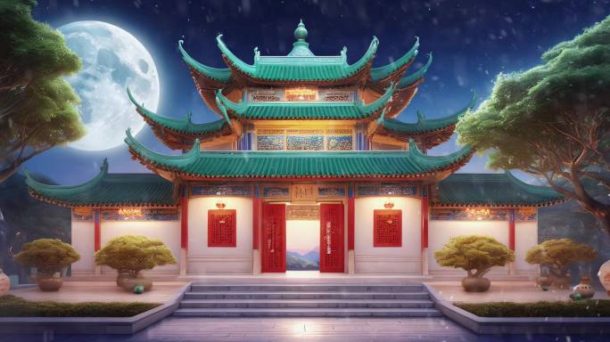 中式庭院门庭月光背景