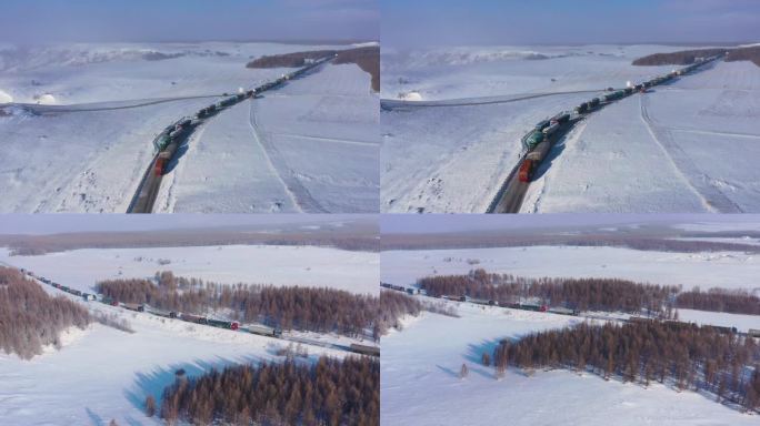 冬季冬天雪天冰雪路面货车排队等候