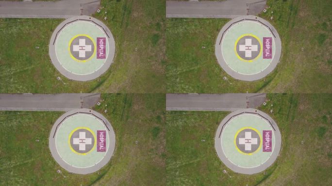 直升机停机坪上空的医院航拍照片