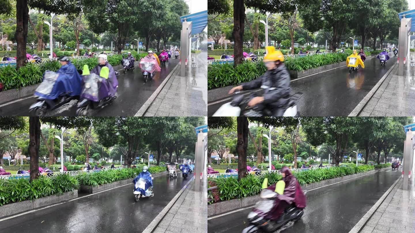 南宁电动车人行道铺道下雨骑行自行车上班