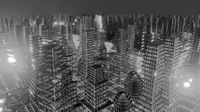 赛博朋克城市抽象无缝循环背景。线框的建筑。黑白复古。霓虹超宇宙未来概念。未来的高科技城市。无限的时间