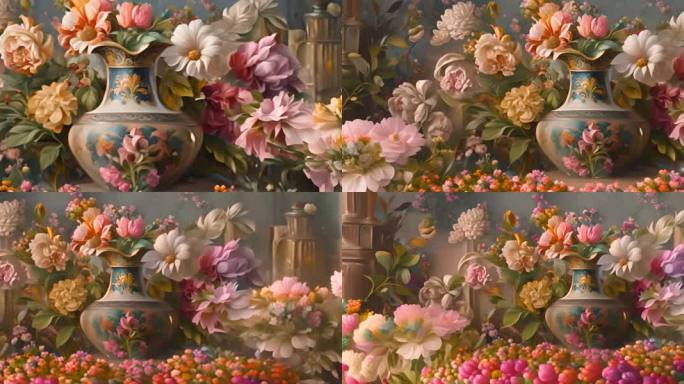 欧式复古花瓶油画花朵1