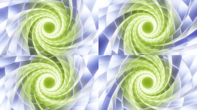 环形3d动画，VFX紫色和绿色隧道与多边形帧。抽象循环背景。技术，VJ概念。Led灯。明亮的未来隧道