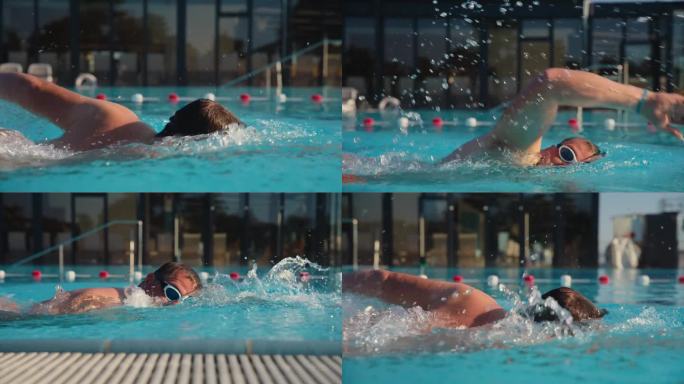 一个男人在一个阳光明媚的度假泳池里自由泳，在明亮的阳光下展示他的练习和技巧