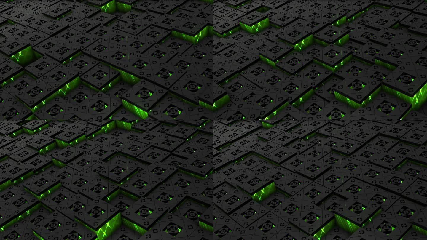 六边形背景素材。移动的六边形被照亮了。移动马赛克混沌动画。计算机图形学背景。