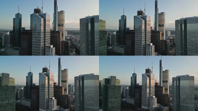 鸟瞰图法兰克福在清晨的主要天际线的实时镜头，尽管主要塔楼和现代金融大楼和摩天大楼，德国，
4K鸟瞰图