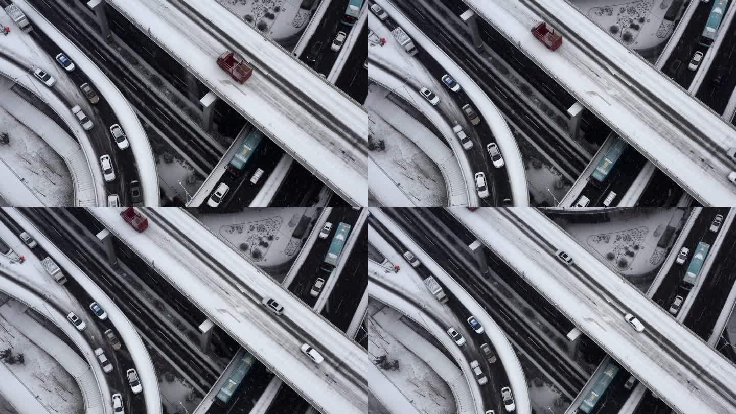冬季 雪天 路上汽车 高架桥 城市