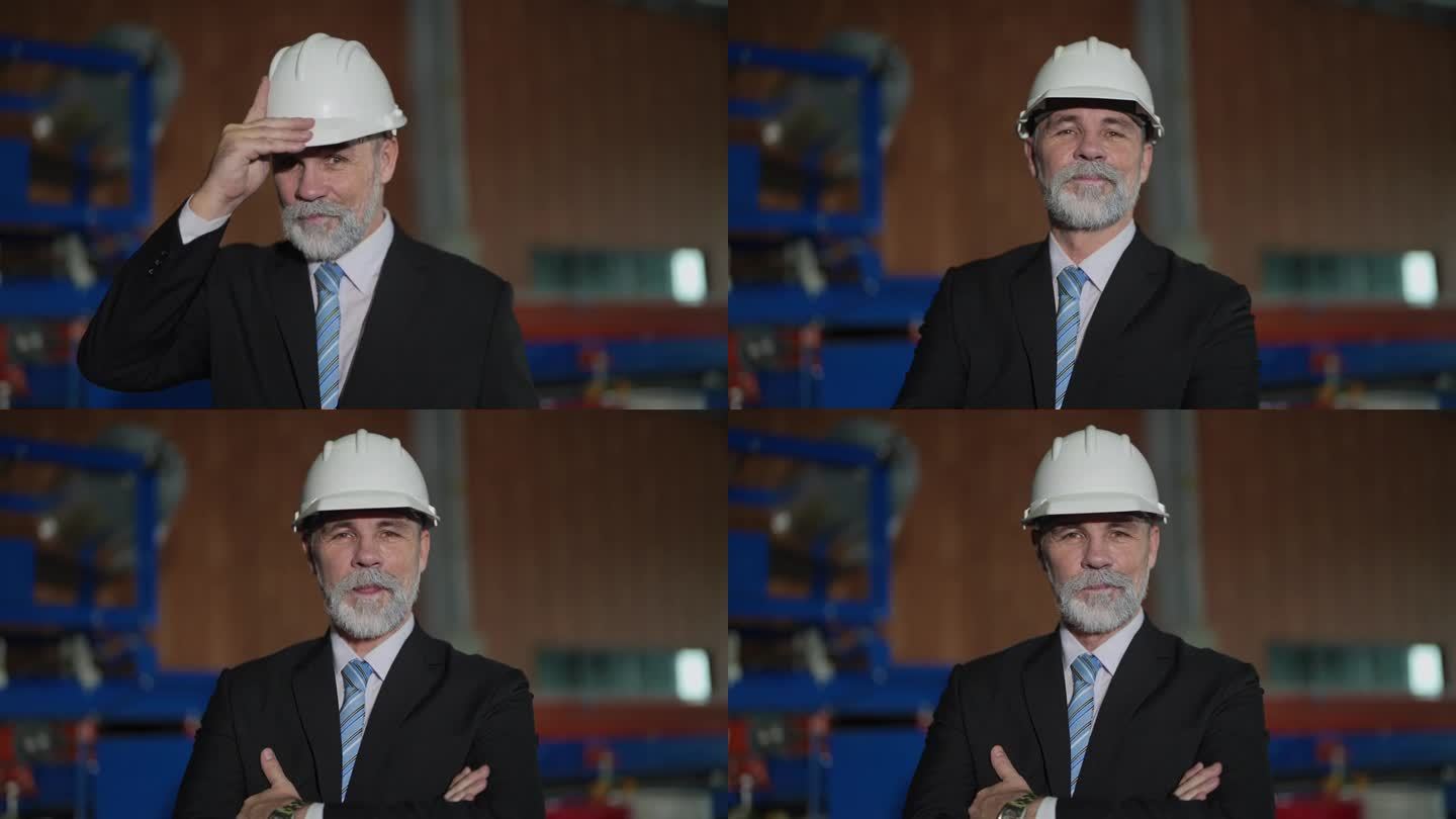肖像工程师高级老板自信地站在钢铁仓库里。智能工业运维理念。满脸胡子的老工程师站着。