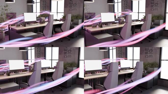 现代办公室共同工作空间与笔记本电脑和桌面团队会议会议能量内流动3d渲染动画